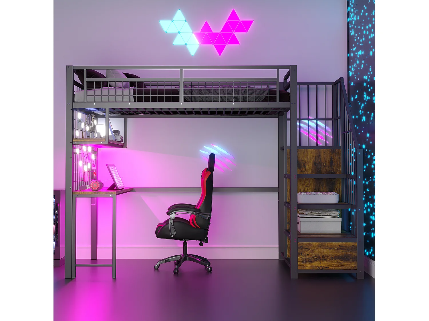 Lit mezzanine en métal - 90 x 200 cm - avec Leds + prise + échelle de rangement + bureau + étagère - métal - noir