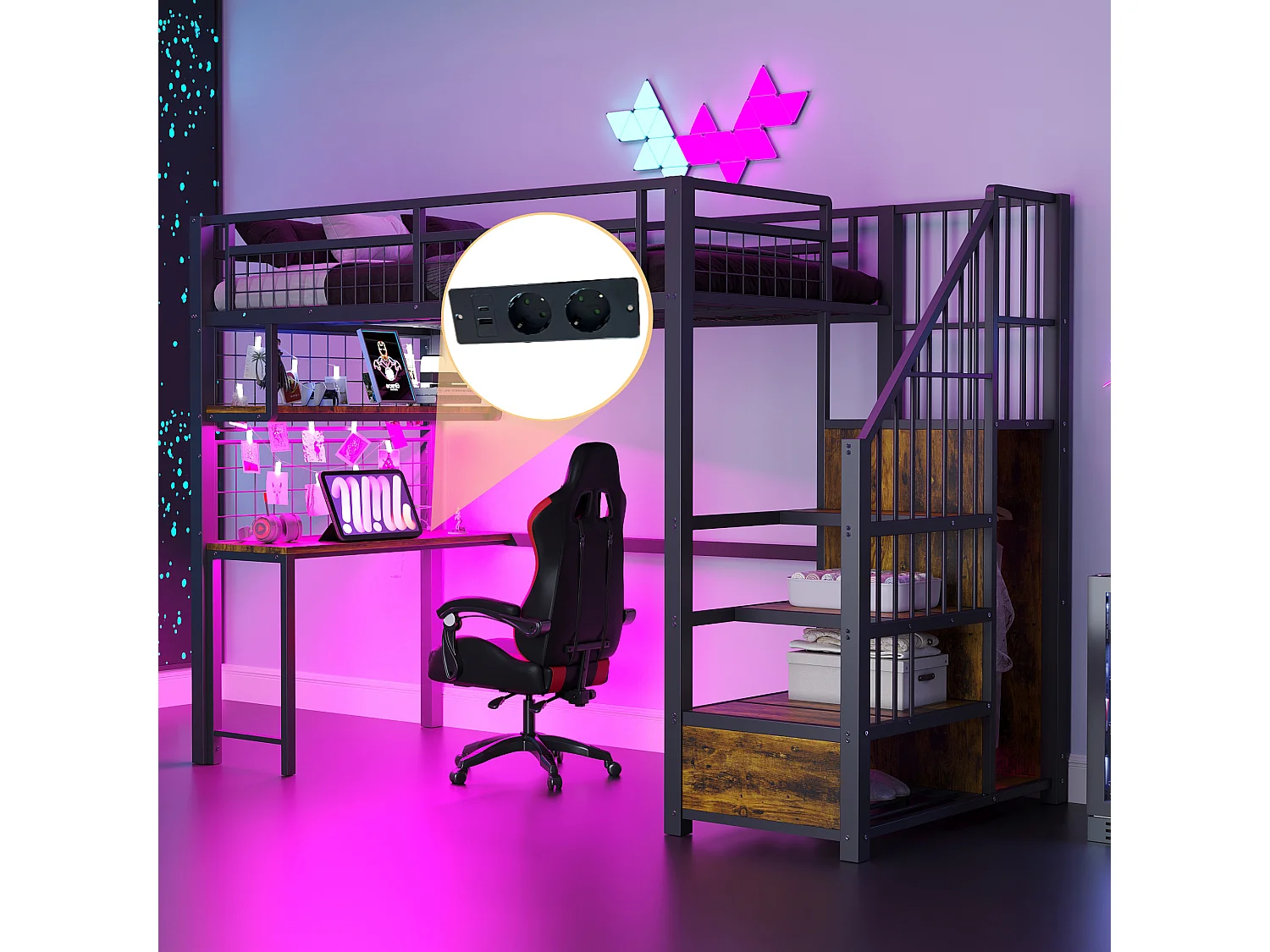 Lit mezzanine en métal - 90 x 200 cm - avec Leds + prise + échelle de rangement + bureau + étagère - métal - noir