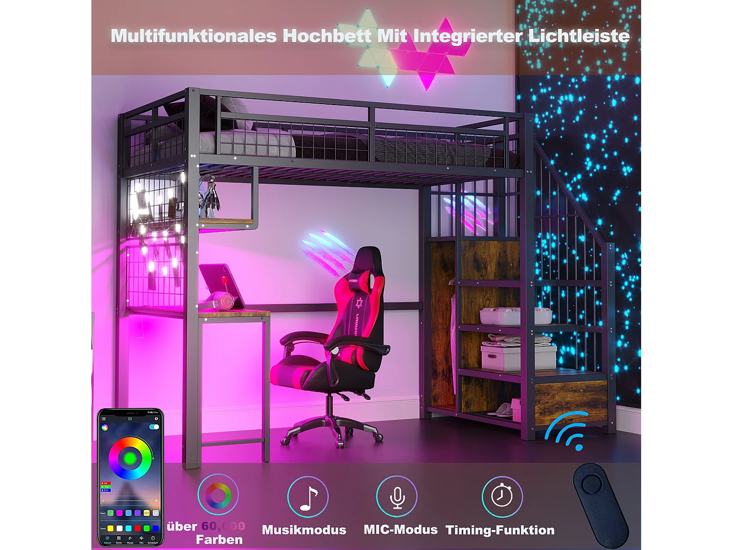 Lit mezzanine en métal - 90 x 200 cm - avec Leds + prise + échelle de rangement + bureau + étagère - métal - noir