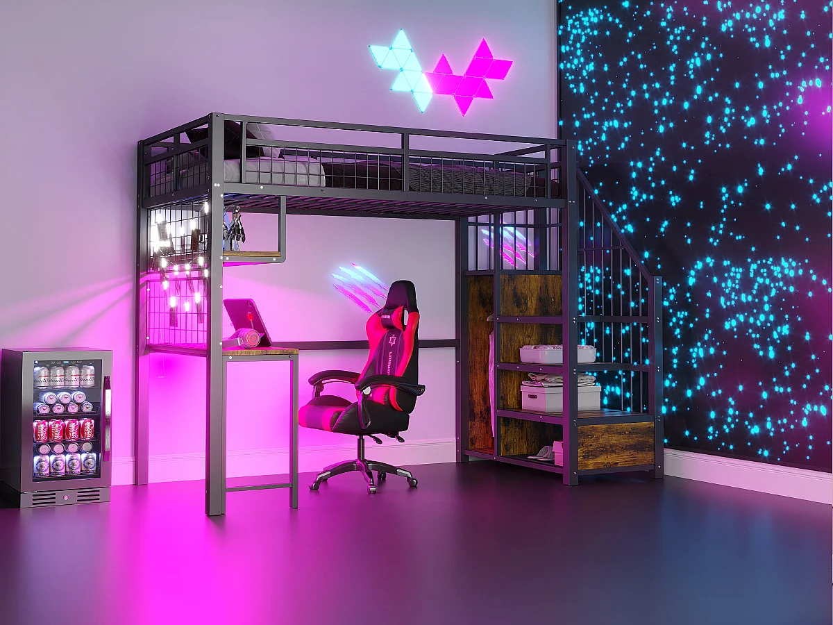 Lit mezzanine en métal - 90 x 200 cm - avec Leds + prise + échelle de rangement + bureau + étagère - métal - noir