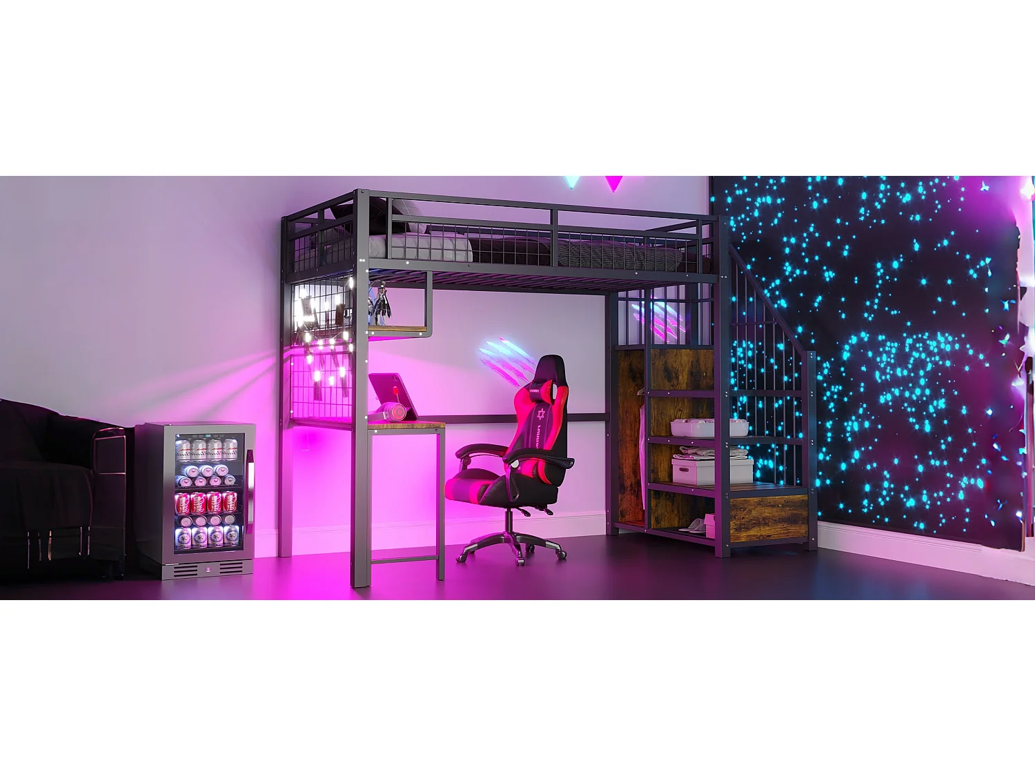 Lit mezzanine en métal - 90 x 200 cm - avec Leds + prise + échelle de rangement + bureau + étagère - métal - noir