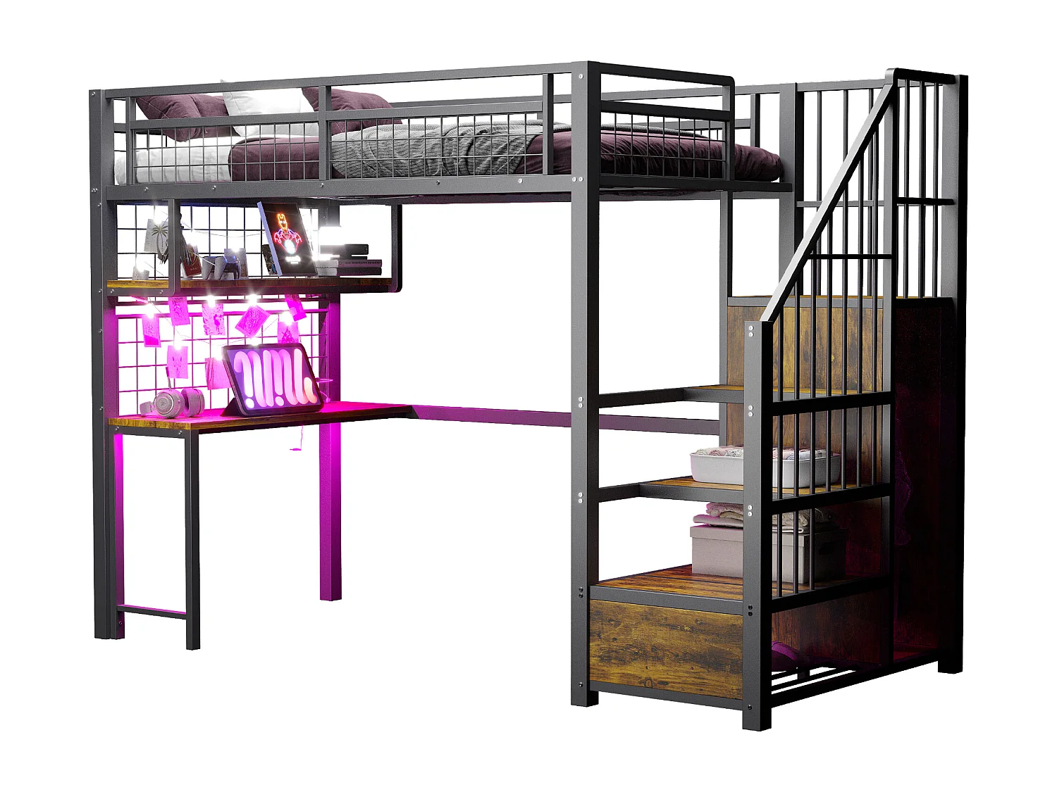 Lit mezzanine en métal - 90 x 200 cm - avec Leds + prise + échelle de rangement + bureau + étagère - métal - noir