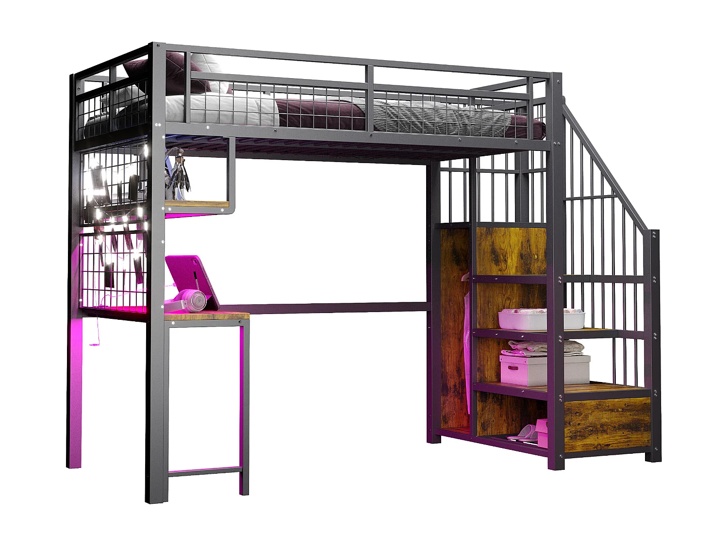 Lit mezzanine en métal - 90 x 200 cm - avec Leds + prise + échelle de rangement + bureau + étagère - métal - noir