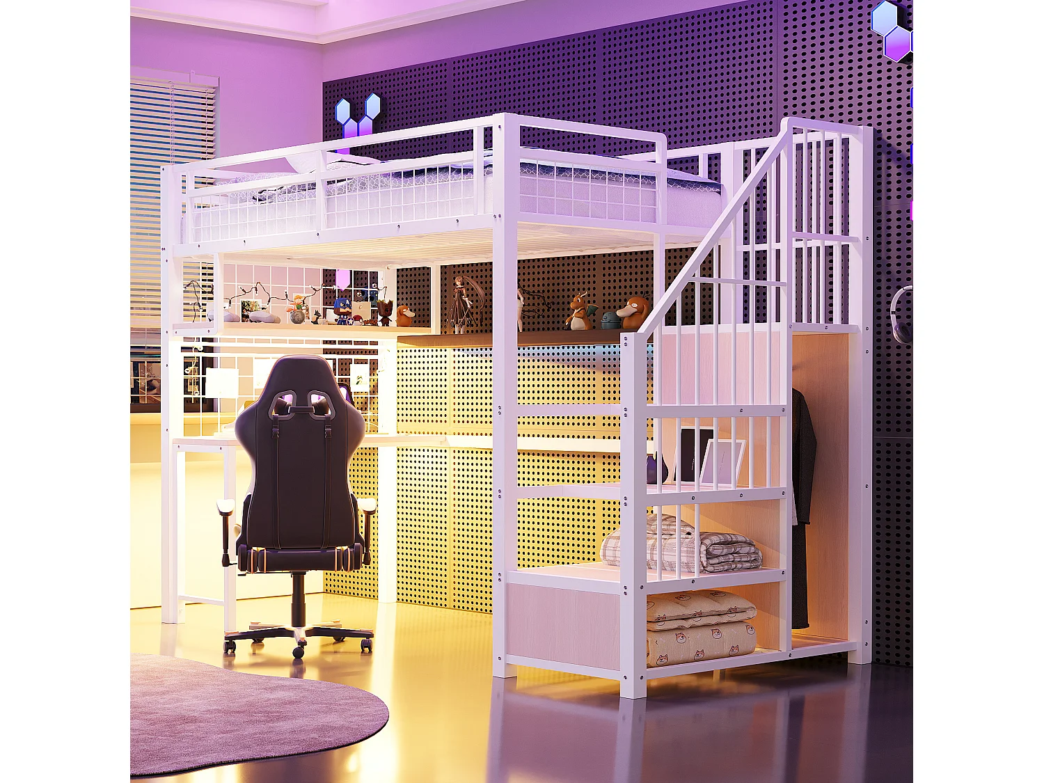 Lit mezzanine en métal - 90 x 200 cm - avec Leds + prise + échelle de rangement + bureau + étagère - métal - blanc