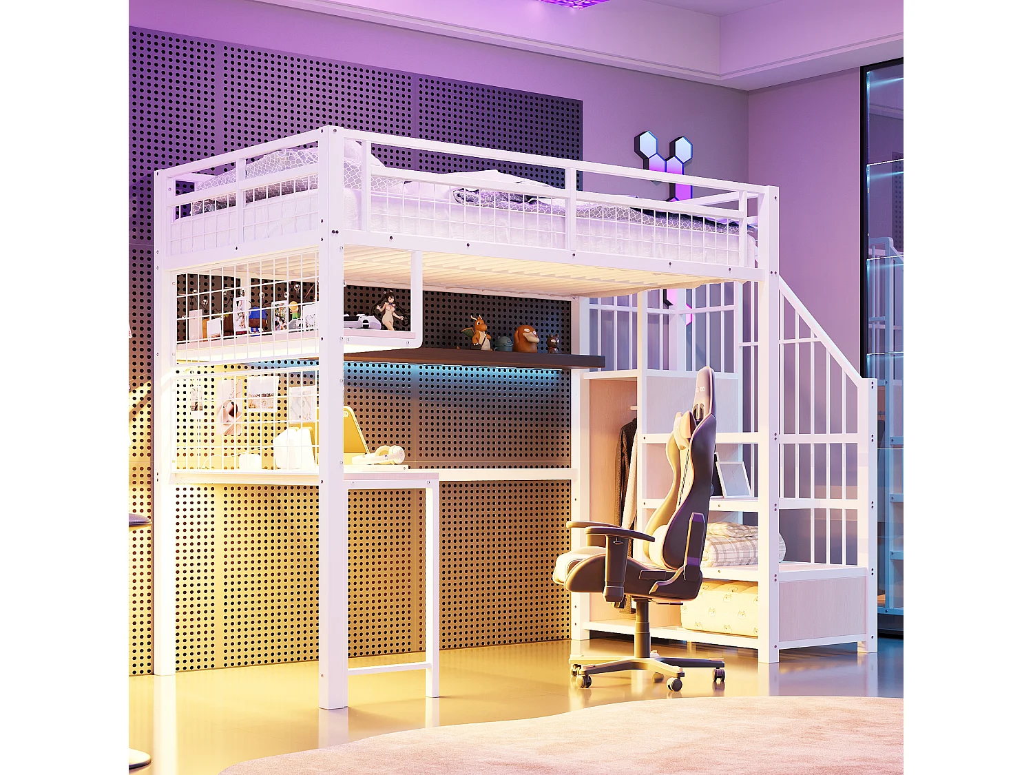 Lit mezzanine en métal - 90 x 200 cm - avec Leds + prise + échelle de rangement + bureau + étagère - métal - blanc