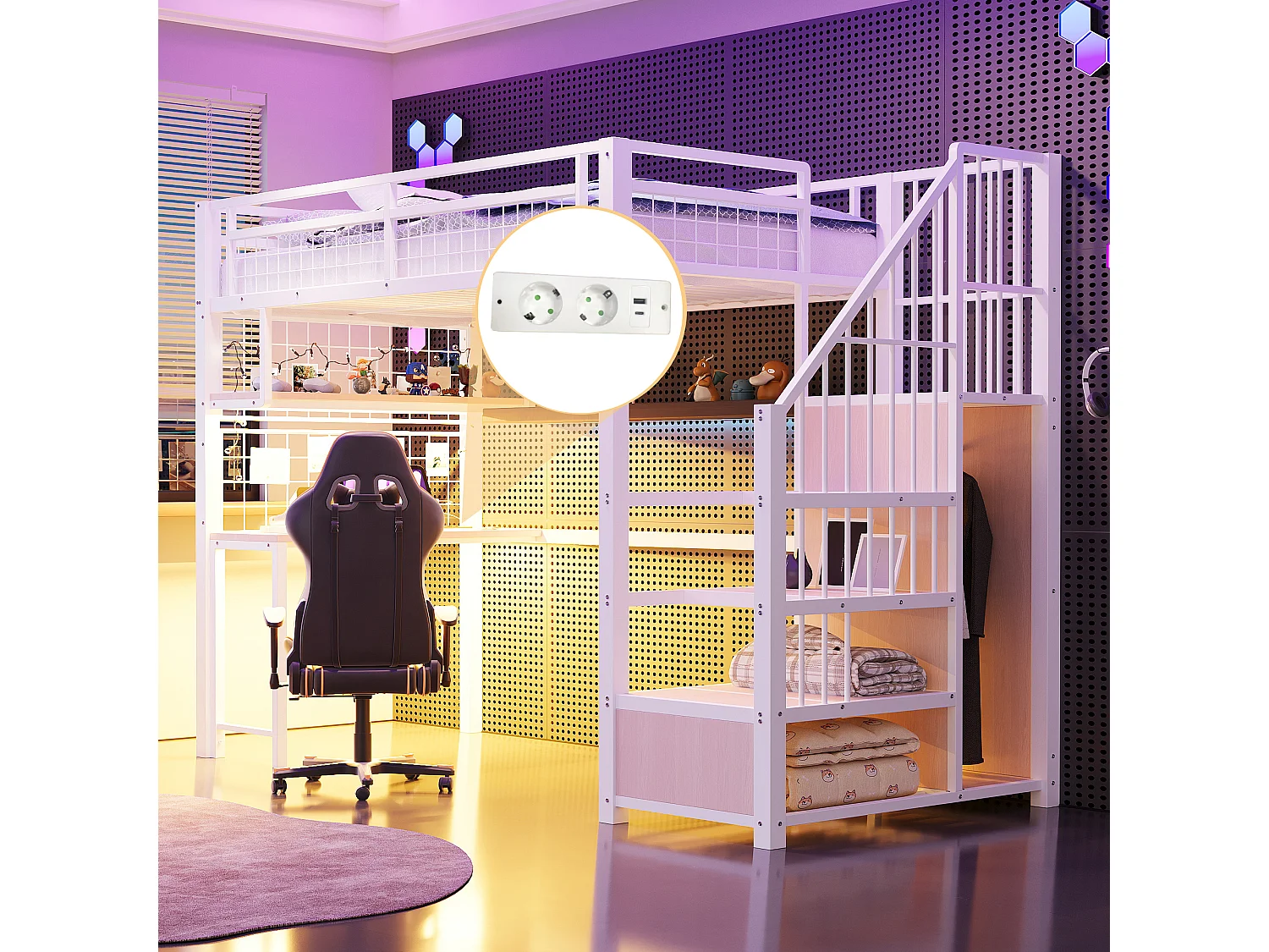 Lit mezzanine en métal - 90 x 200 cm - avec Leds + prise + échelle de rangement + bureau + étagère - métal - blanc