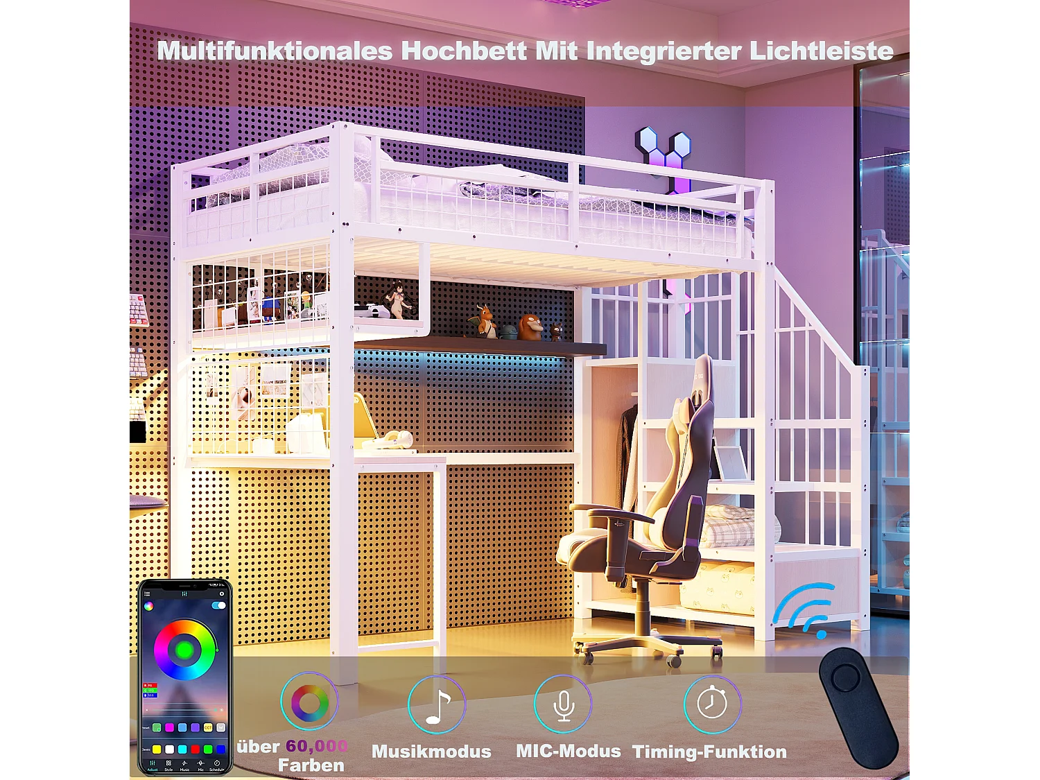 Lit mezzanine en métal - 90 x 200 cm - avec Leds + prise + échelle de rangement + bureau + étagère - métal - blanc