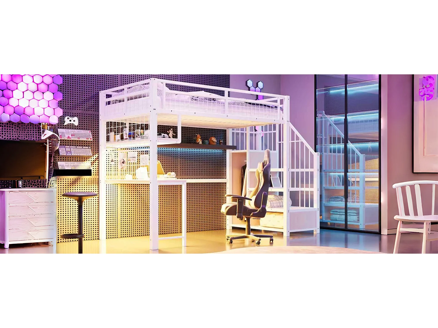 Lit mezzanine en métal - 90 x 200 cm - avec Leds + prise + échelle de rangement + bureau + étagère - métal - blanc