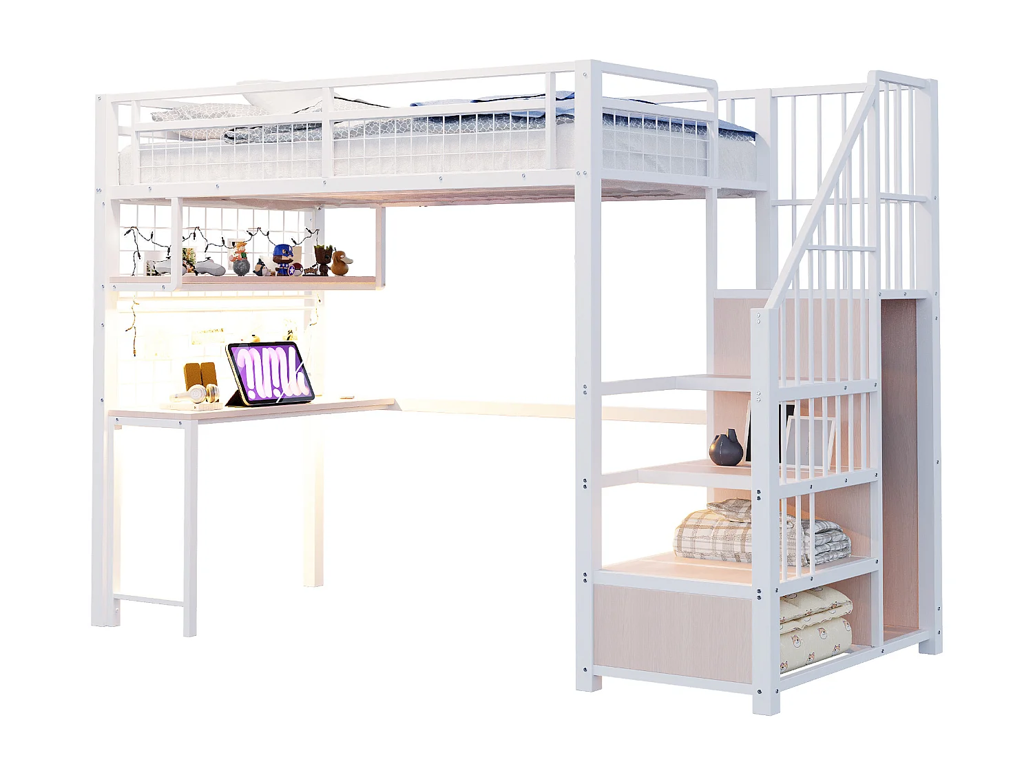 Lit mezzanine en métal - 90 x 200 cm - avec Leds + prise + échelle de rangement + bureau + étagère - métal - blanc