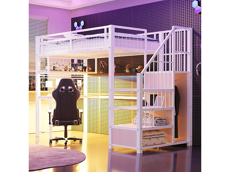 Lit mezzanine en métal - 90 x 200 cm - avec Leds + prise + échelle de rangement + bureau + étagère - métal - blanc