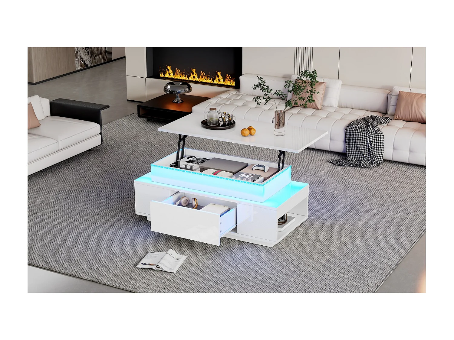 Tavolino da caffè con piano sollevabile, illuminazione a LED e cassetto - Finitura bianco lucido