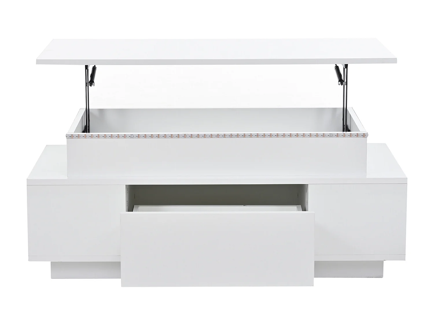 Tavolino da caffè con piano sollevabile, illuminazione a LED e cassetto - Finitura bianco lucido