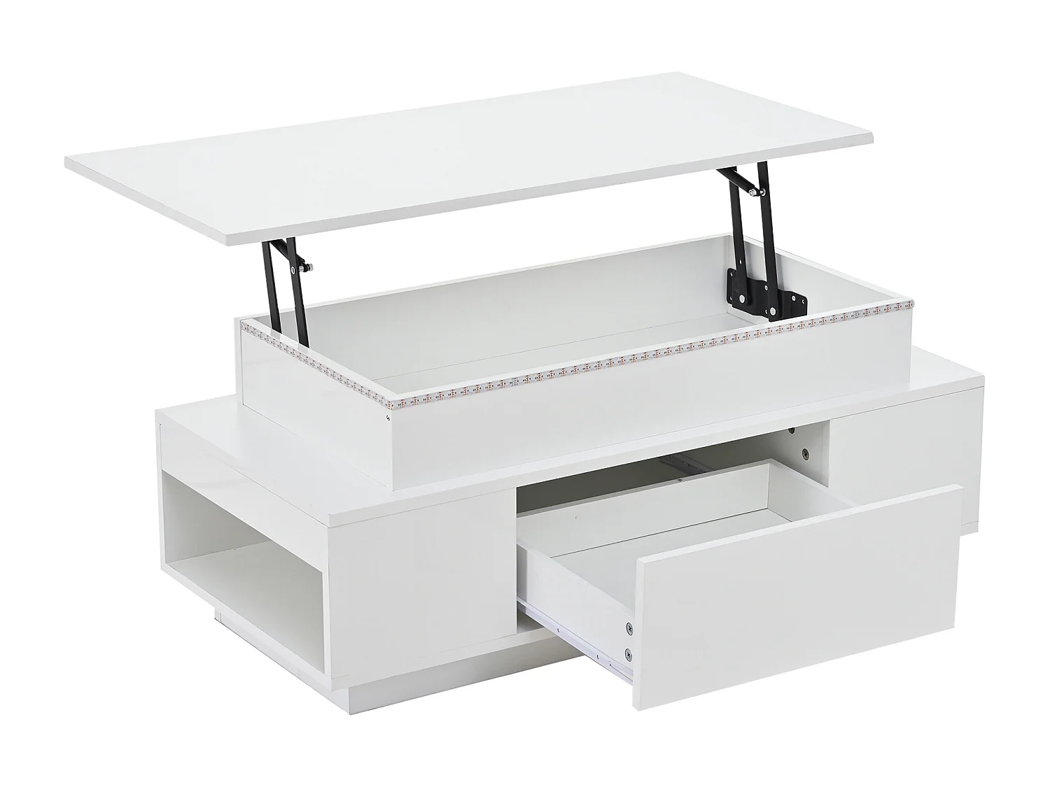 Tavolino da caffè con piano sollevabile, illuminazione a LED e cassetto - Finitura bianco lucido