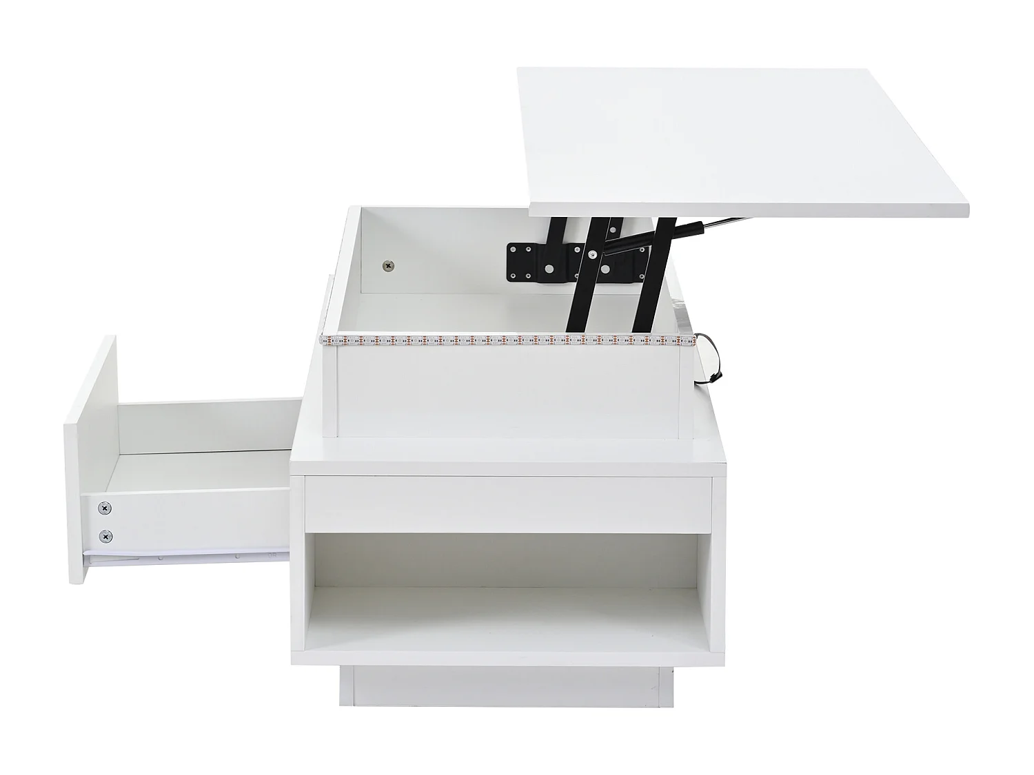 Tavolino da caffè con piano sollevabile, illuminazione a LED e cassetto - Finitura bianco lucido