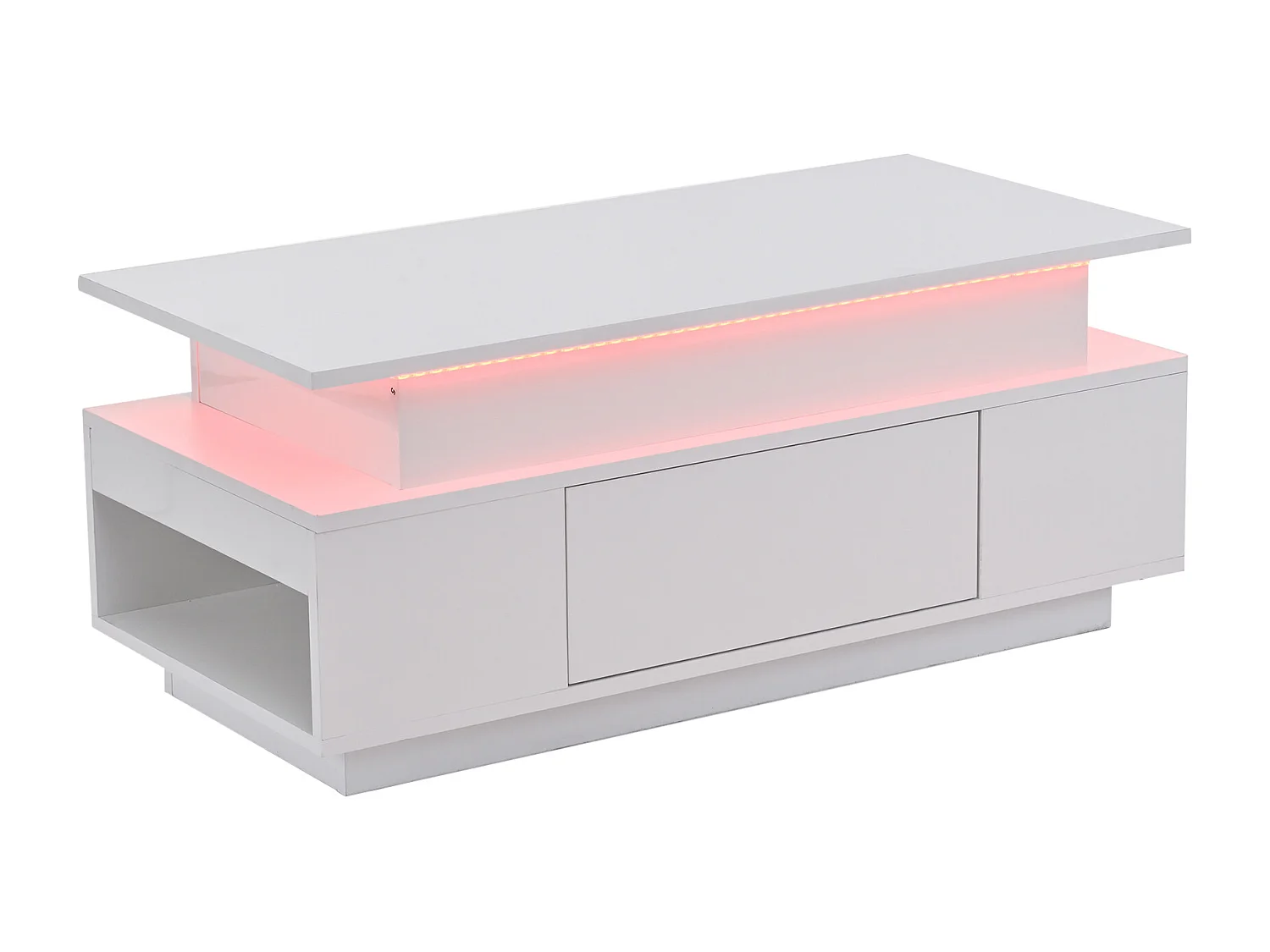 Tavolino da caffè con piano sollevabile, illuminazione a LED e cassetto - Finitura bianco lucido