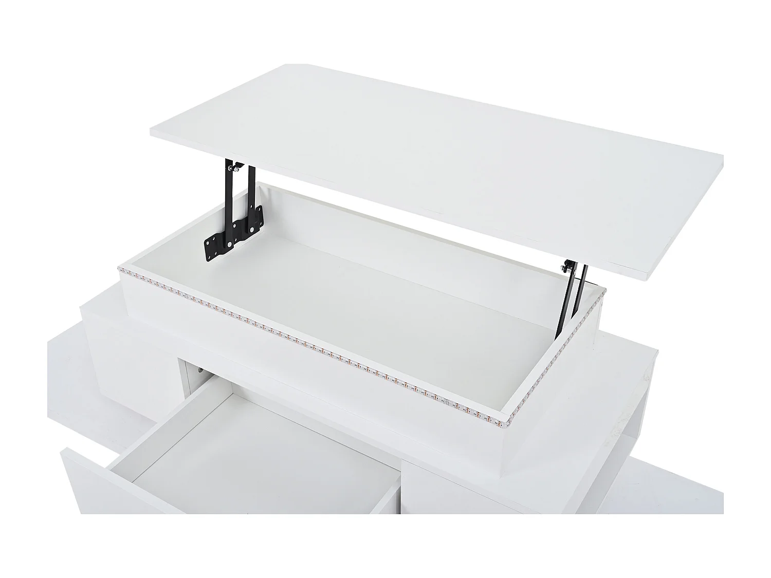 Tavolino da caffè con piano sollevabile, illuminazione a LED e cassetto - Finitura bianco lucido
