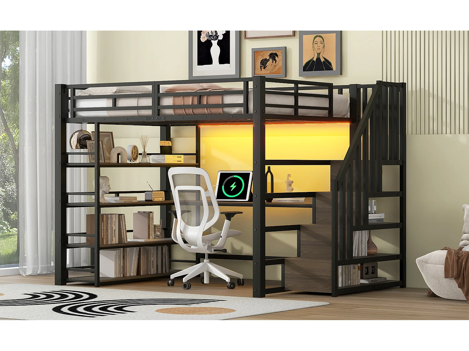 Lit mezzanine en métal - 140 x 200 cm - avec escalier de rangement + bureau + étagère + USB + Leds - MDF + métal - noir