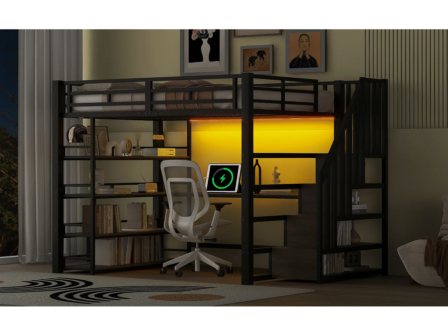 Lit mezzanine en métal - 140 x 200 cm - avec escalier de rangement + bureau + étagère + USB + Leds - MDF + métal - noir