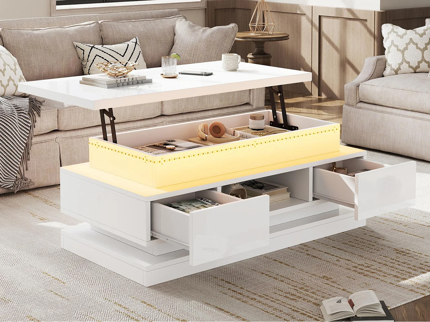 Höhenverstellbarer Couchtisch 100x50x40 cm - mit 2 Schubladen - LED-Beleuchtung - Hochglanzlackierung - Spanplatten - Weiß