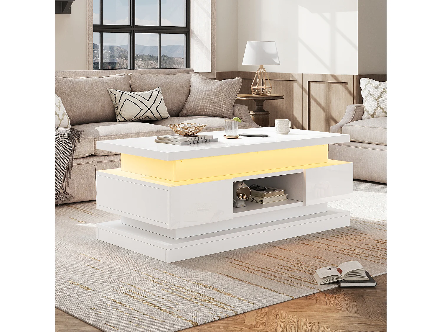 Höhenverstellbarer Couchtisch 100x50x40 cm - mit 2 Schubladen - LED-Beleuchtung - Hochglanzlackierung - Spanplatten - Weiß