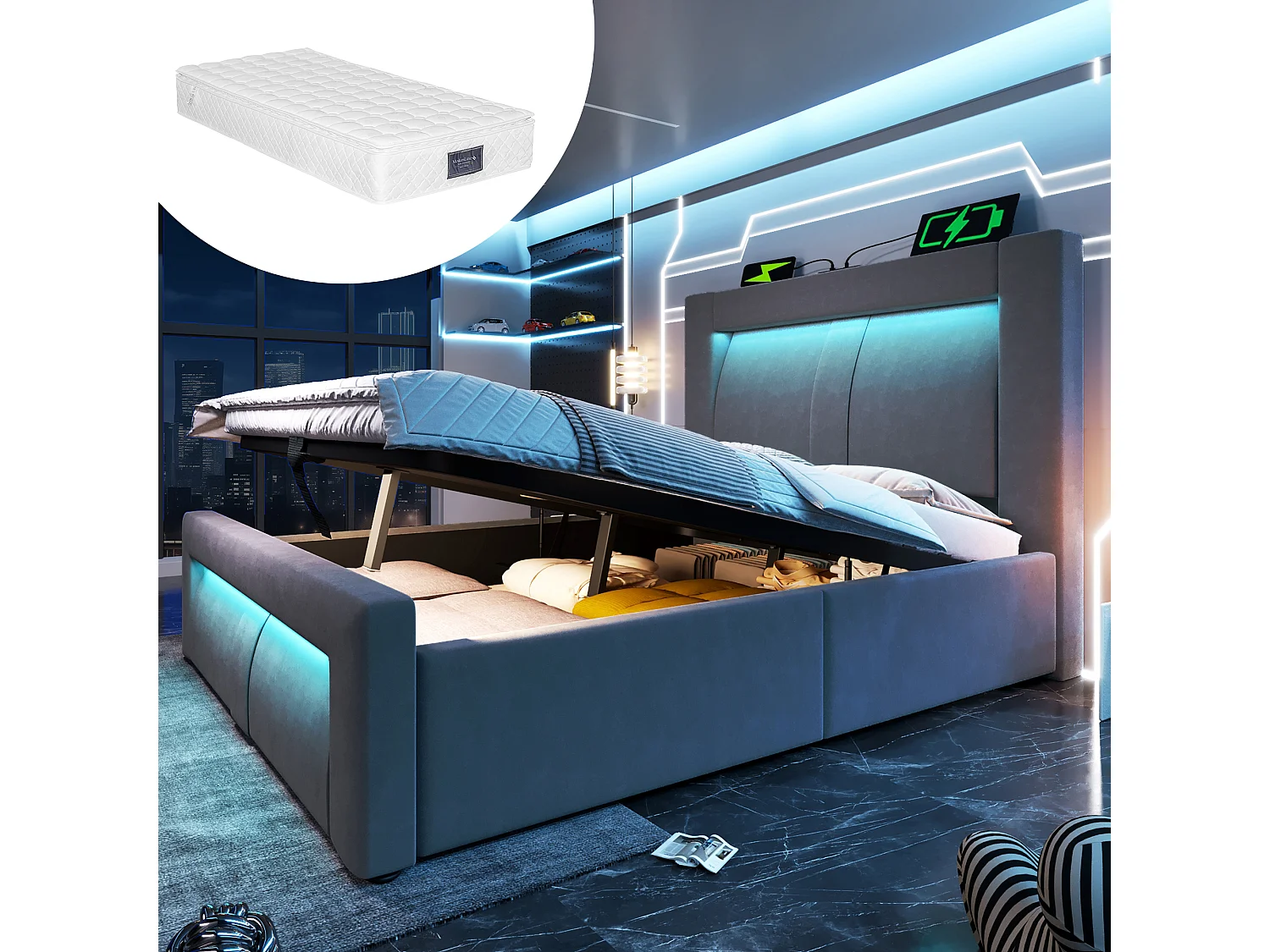 Lit coffre simple - 90 x 200 cm - avec sommier hydraulique + Leds + USB + tête de lit incurvée - velours - gris(avec matelas)