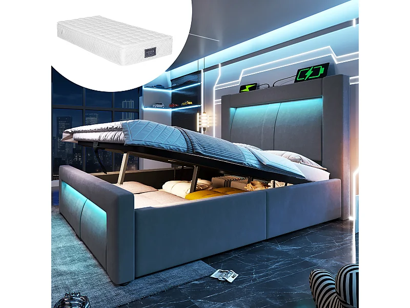 Lit coffre simple - 90 x 200 cm - avec sommier hydraulique + Leds + USB + tête de lit incurvée - velours - gris(avec matelas)