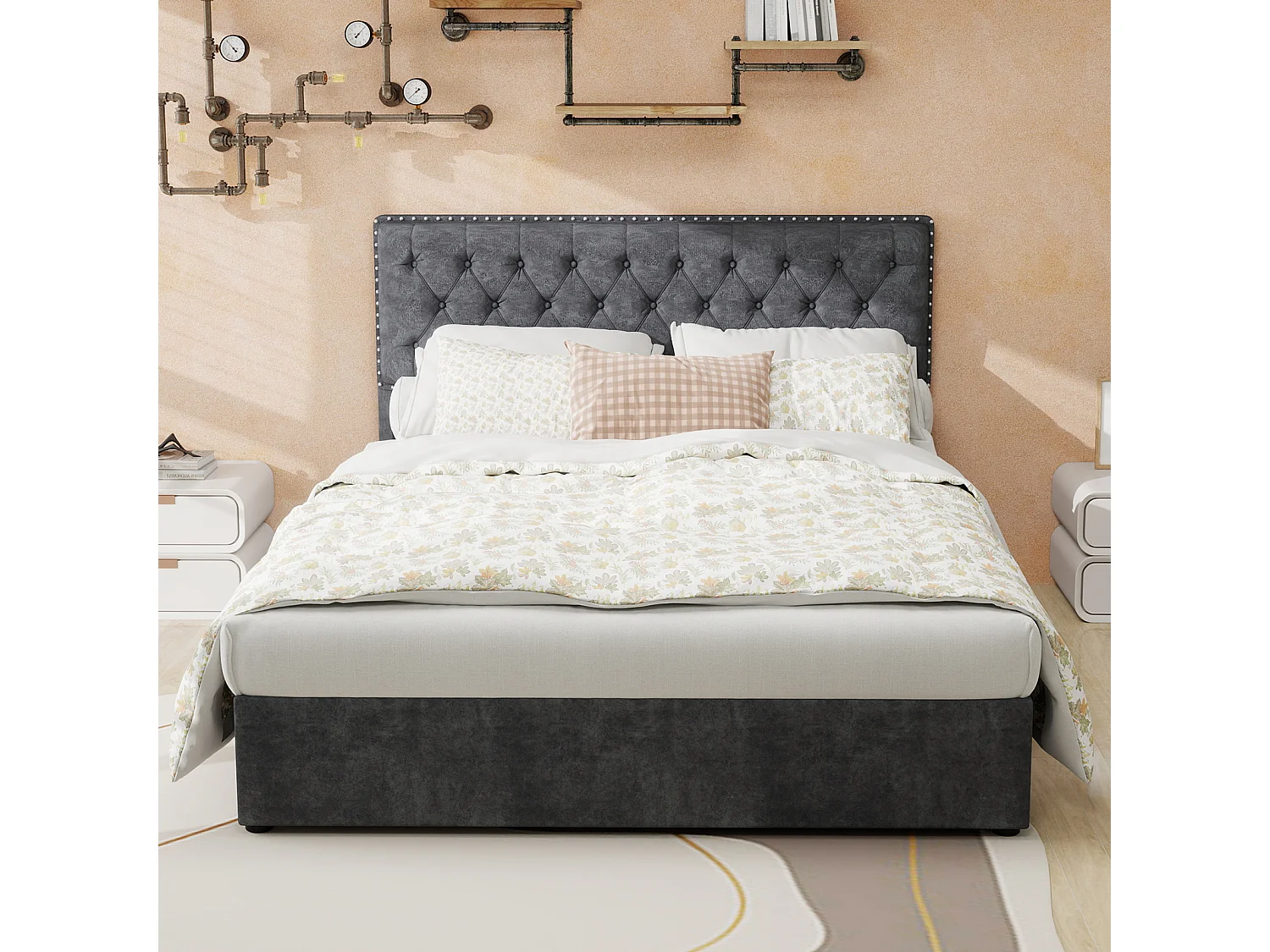 140x200cm fluwelen opbergbed - Decoratief hoofdbord met knopen - Grijs