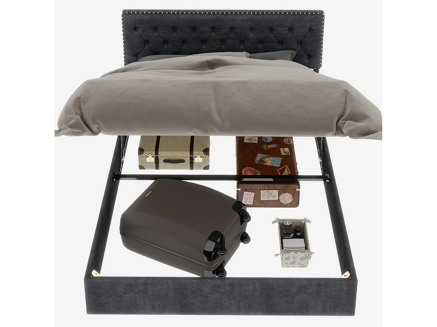 140x200cm fluwelen opbergbed - Decoratief hoofdbord met knopen - Grijs