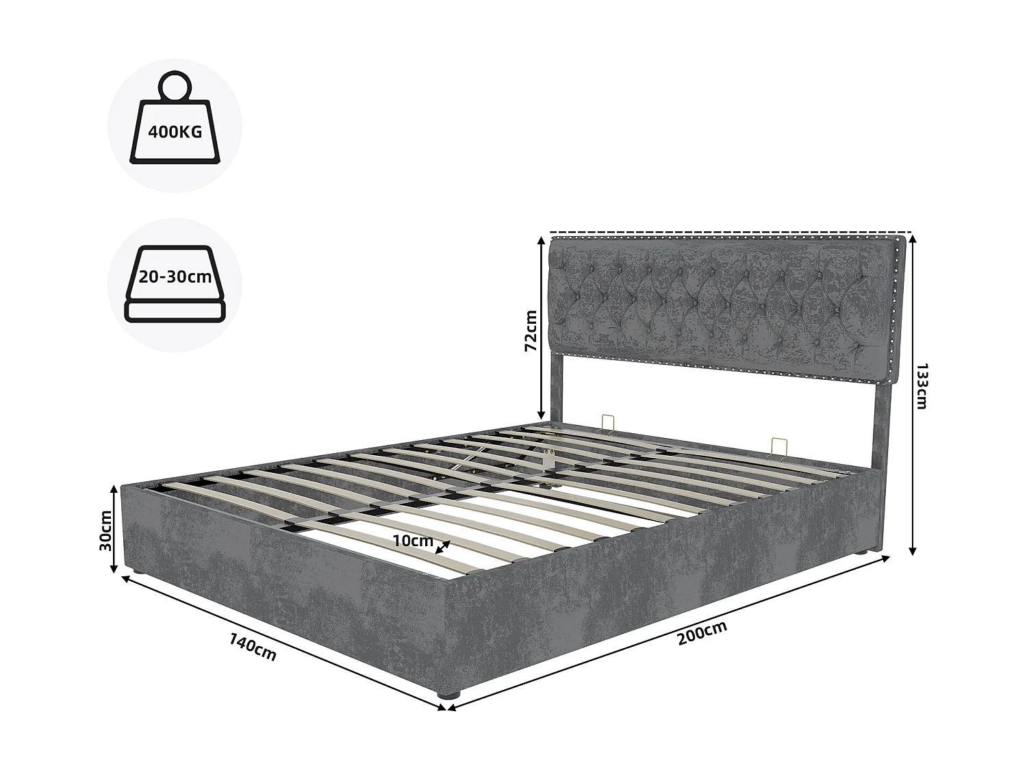 140x200cm fluwelen opbergbed - Decoratief hoofdbord met knopen - Grijs