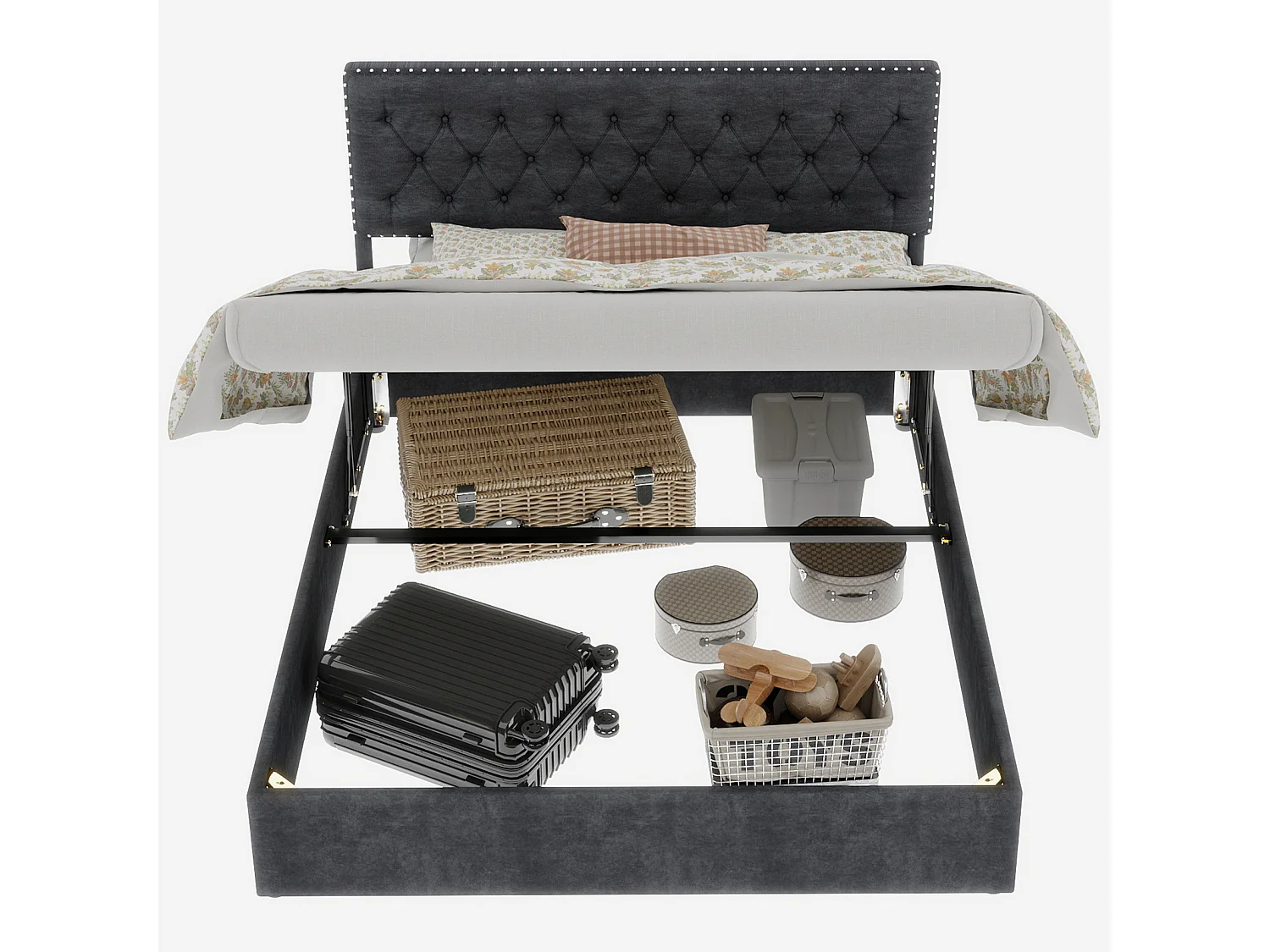 140x200cm fluwelen opbergbed - Decoratief hoofdbord met knopen - Grijs