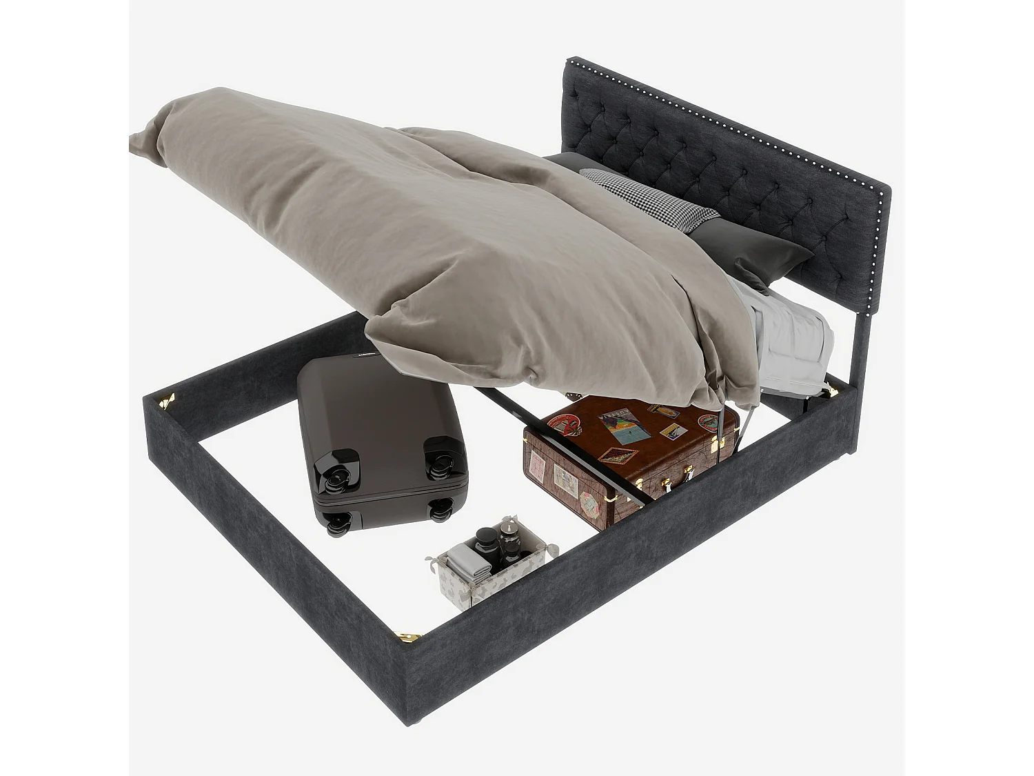 140x200cm fluwelen opbergbed - Decoratief hoofdbord met knopen - Grijs