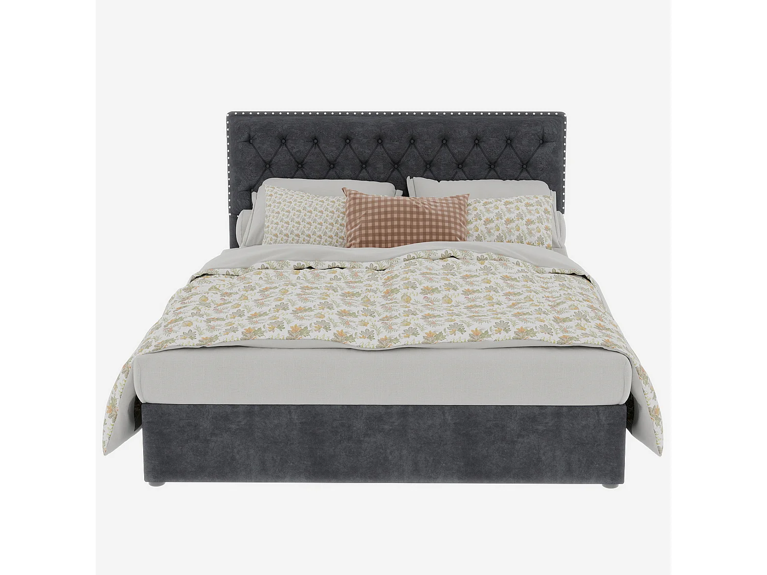 140x200cm fluwelen opbergbed - Decoratief hoofdbord met knopen - Grijs