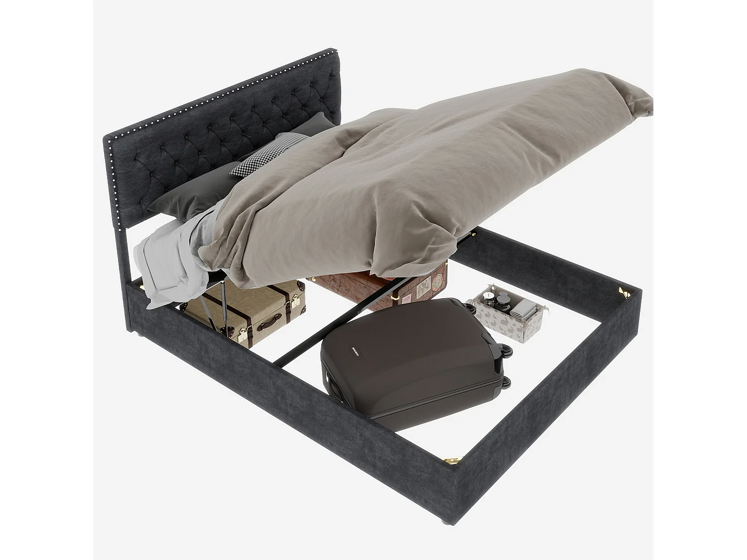 140x200cm fluwelen opbergbed - Decoratief hoofdbord met knopen - Grijs