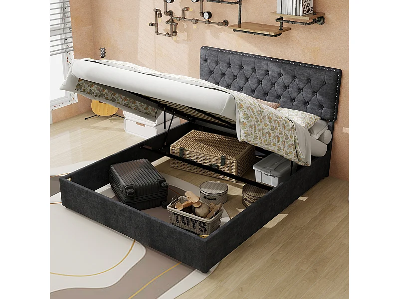 140x200cm fluwelen opbergbed - Decoratief hoofdbord met knopen - Grijs