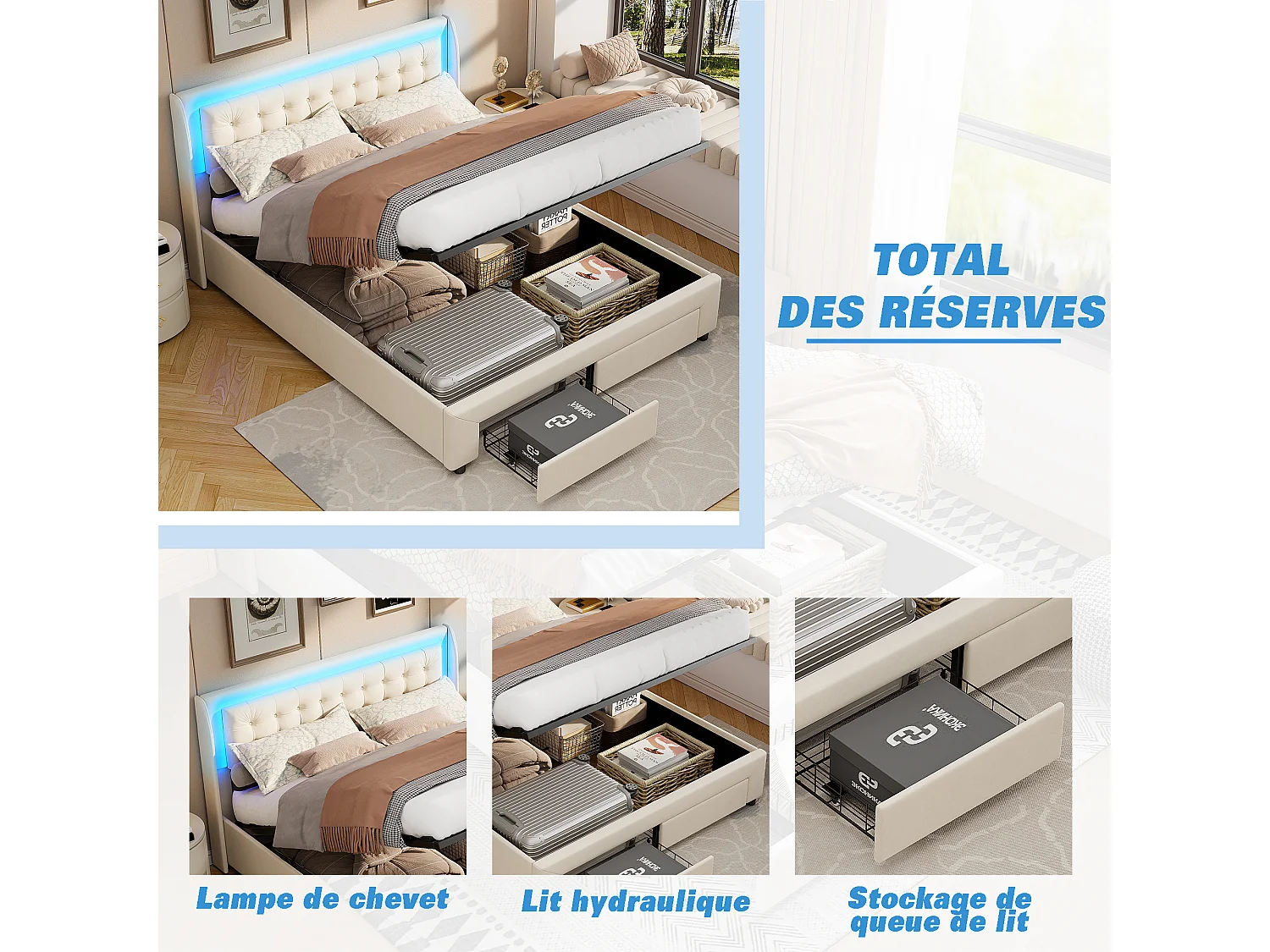 Lit coffre 140x190 cm avec éclairage LED - Lit double avec espace de rangement hydraulique et 2 tiroirs - Velours - Beige