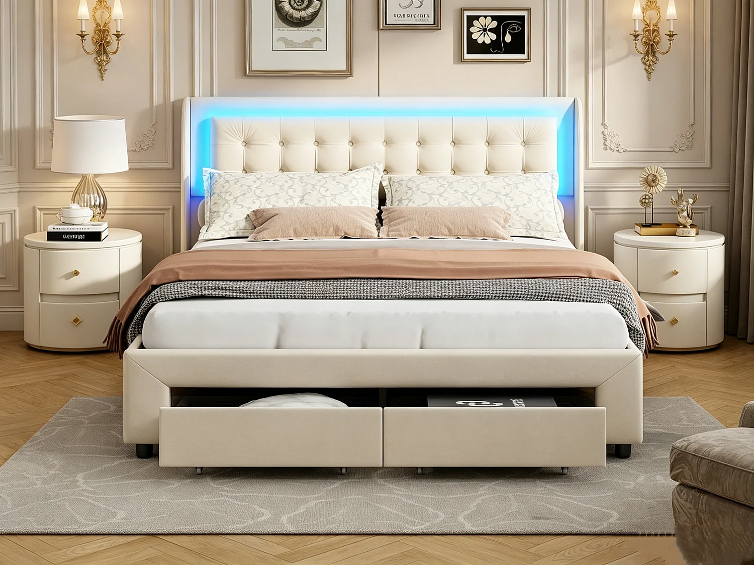 Lit coffre 140x190 cm avec éclairage LED - Lit double avec espace de rangement hydraulique et 2 tiroirs - Velours - Beige