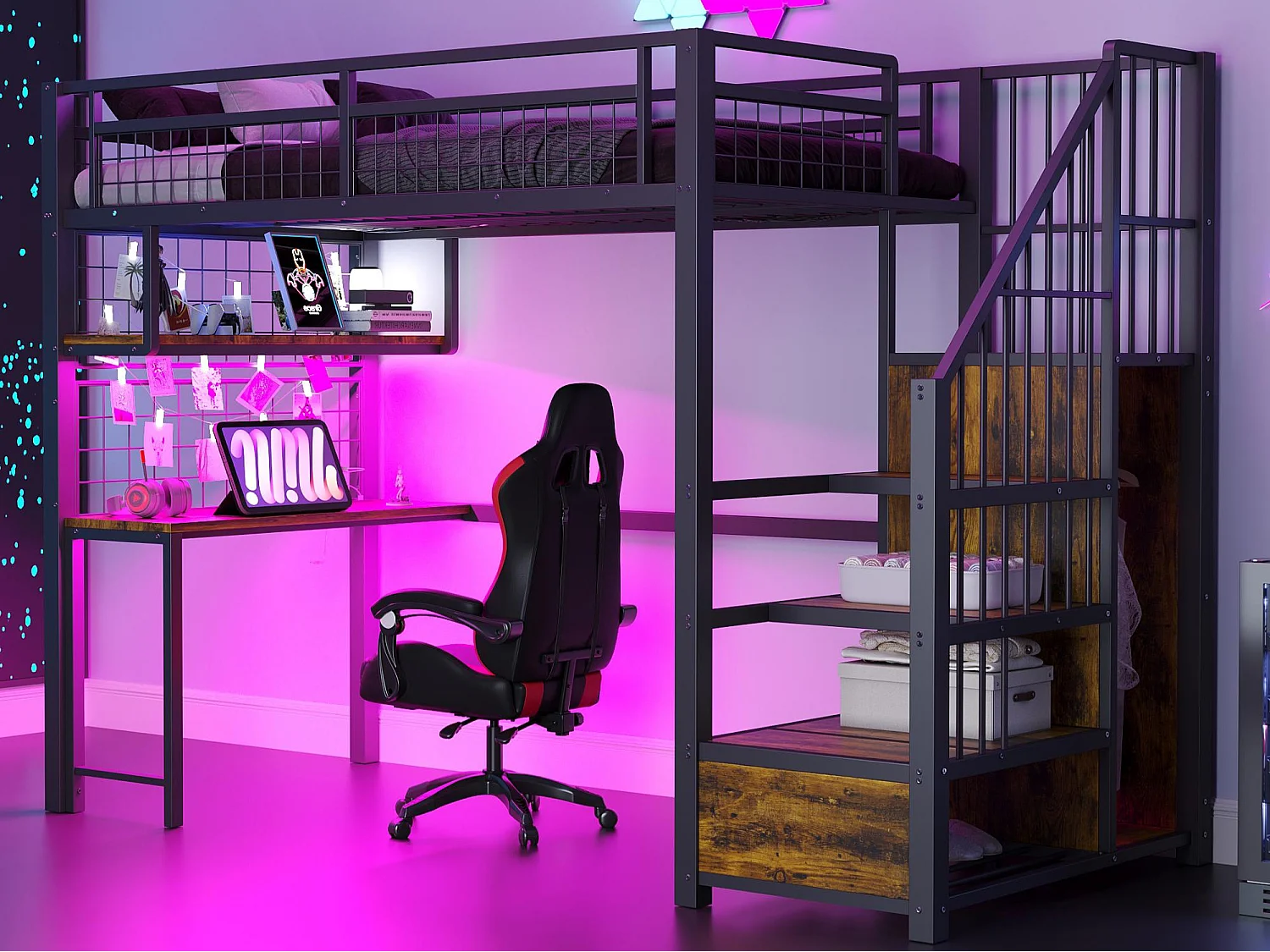 Metall-Hochbett 90x200 cm - mit LED-Beleuchtung und Ladestation - beinhaltet Aufstiegsleiter mit Stauraum - mit Regalen und Schreibtisch - schwarz