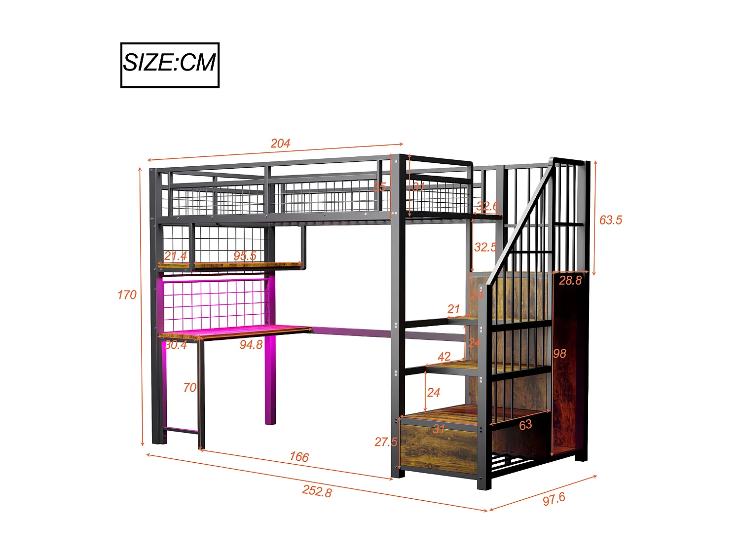 Metall-Hochbett 90x200 cm - mit LED-Beleuchtung und Ladestation - beinhaltet Aufstiegsleiter mit Stauraum - mit Regalen und Schreibtisch - schwarz