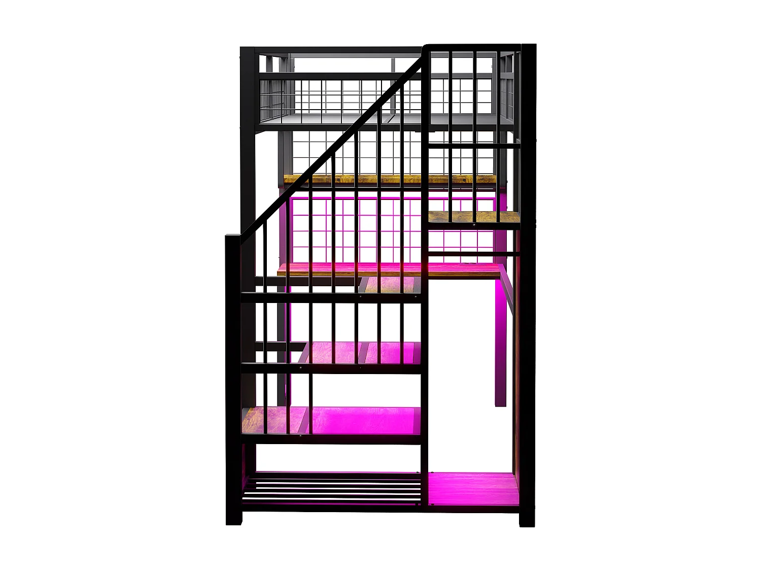 Metall-Hochbett 90x200 cm - mit LED-Beleuchtung und Ladestation - beinhaltet Aufstiegsleiter mit Stauraum - mit Regalen und Schreibtisch - schwarz