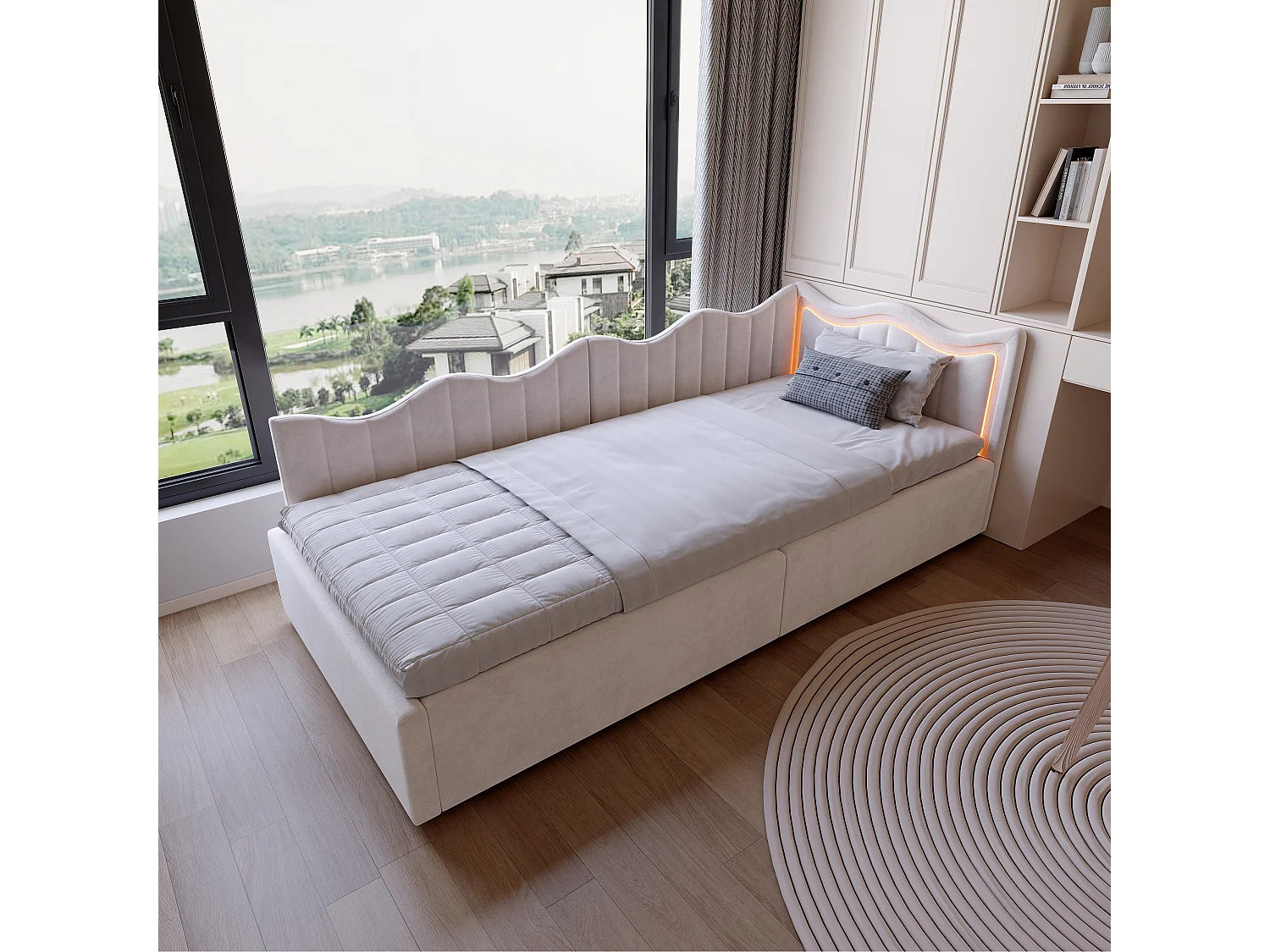 Lit simple enfant 90x200cm - avec éclairage LED et espace de rangement hydraulique - velours - blanc cassé