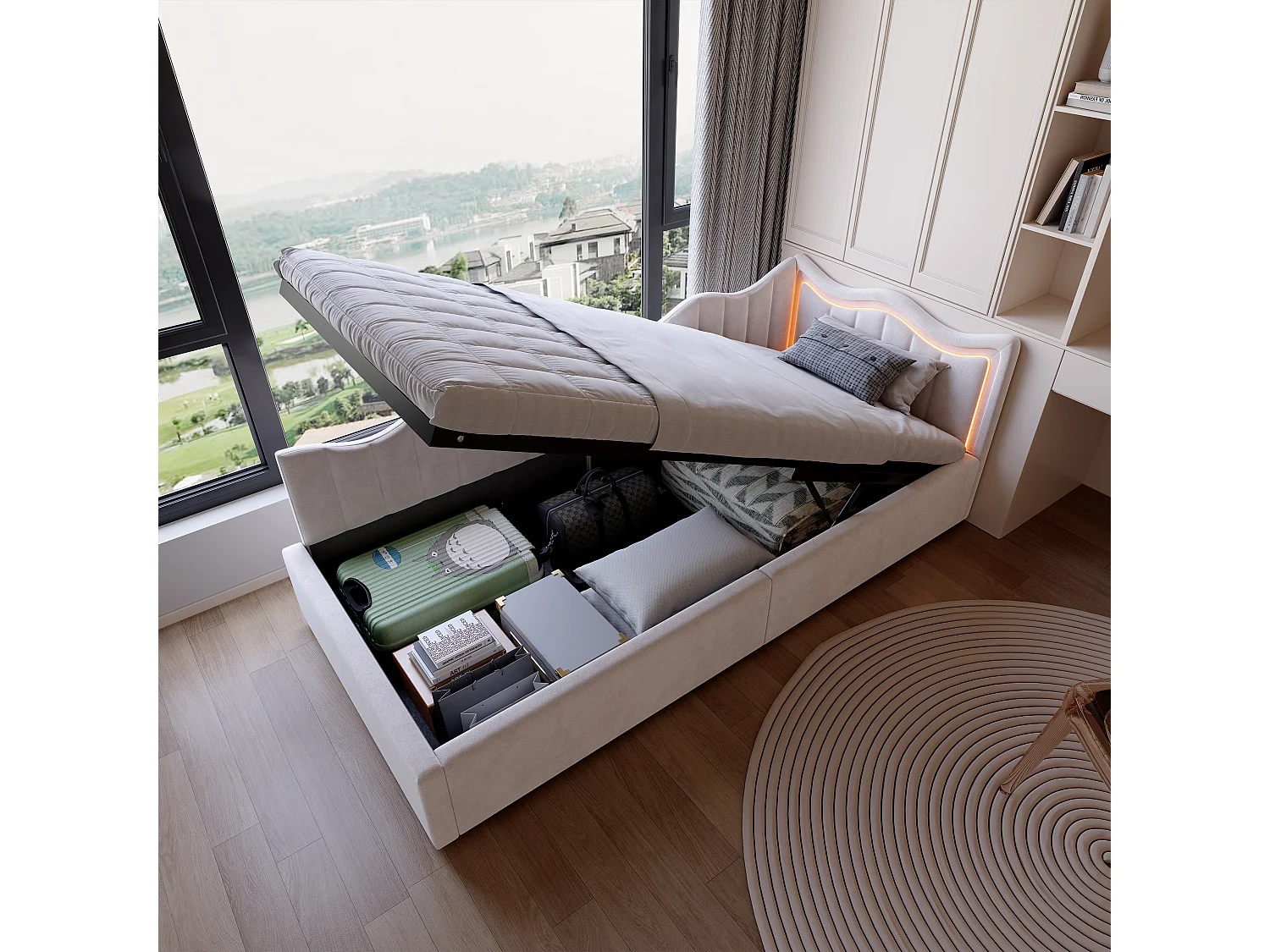 Lit simple enfant 90x200cm - avec éclairage LED et espace de rangement hydraulique - velours - blanc cassé