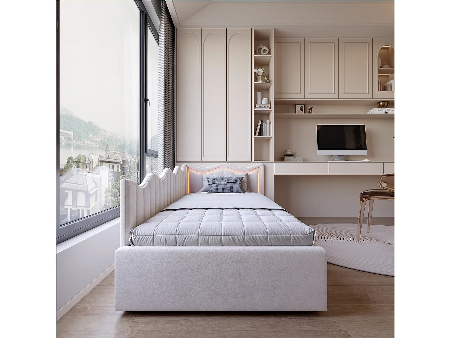 Lit simple enfant 90x200cm - avec éclairage LED et espace de rangement hydraulique - velours - blanc cassé