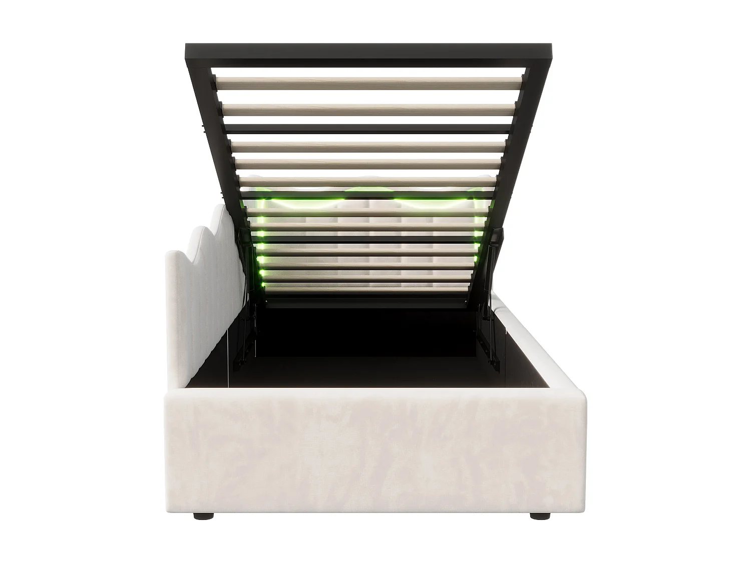 Lit simple enfant 90x200cm - avec éclairage LED et espace de rangement hydraulique - velours - blanc cassé