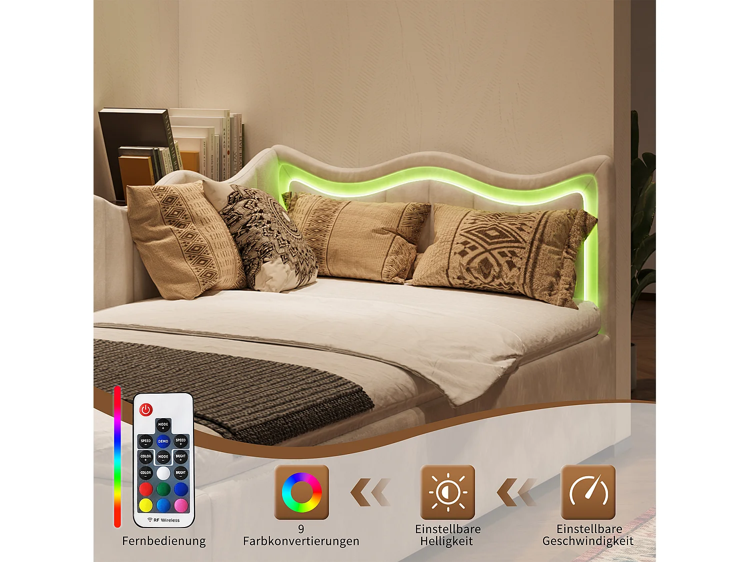 Kinder eenpersoonsbed 90x200cm - met ledverlichting en hydraulische opbergruimte - fluweel - gebroken wit