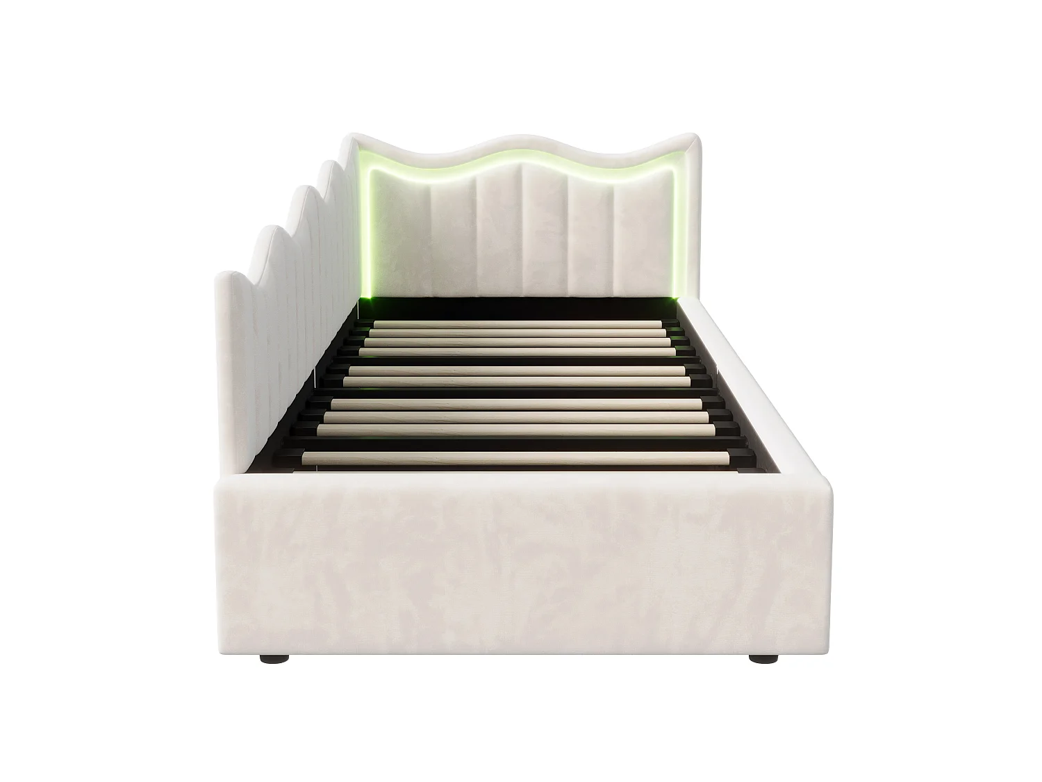 Kinder eenpersoonsbed 90x200cm - met ledverlichting en hydraulische opbergruimte - fluweel - gebroken wit
