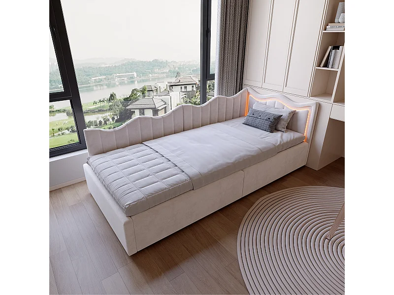 Lit simple enfant 90x200cm - avec éclairage LED et espace de rangement hydraulique - velours - blanc cassé