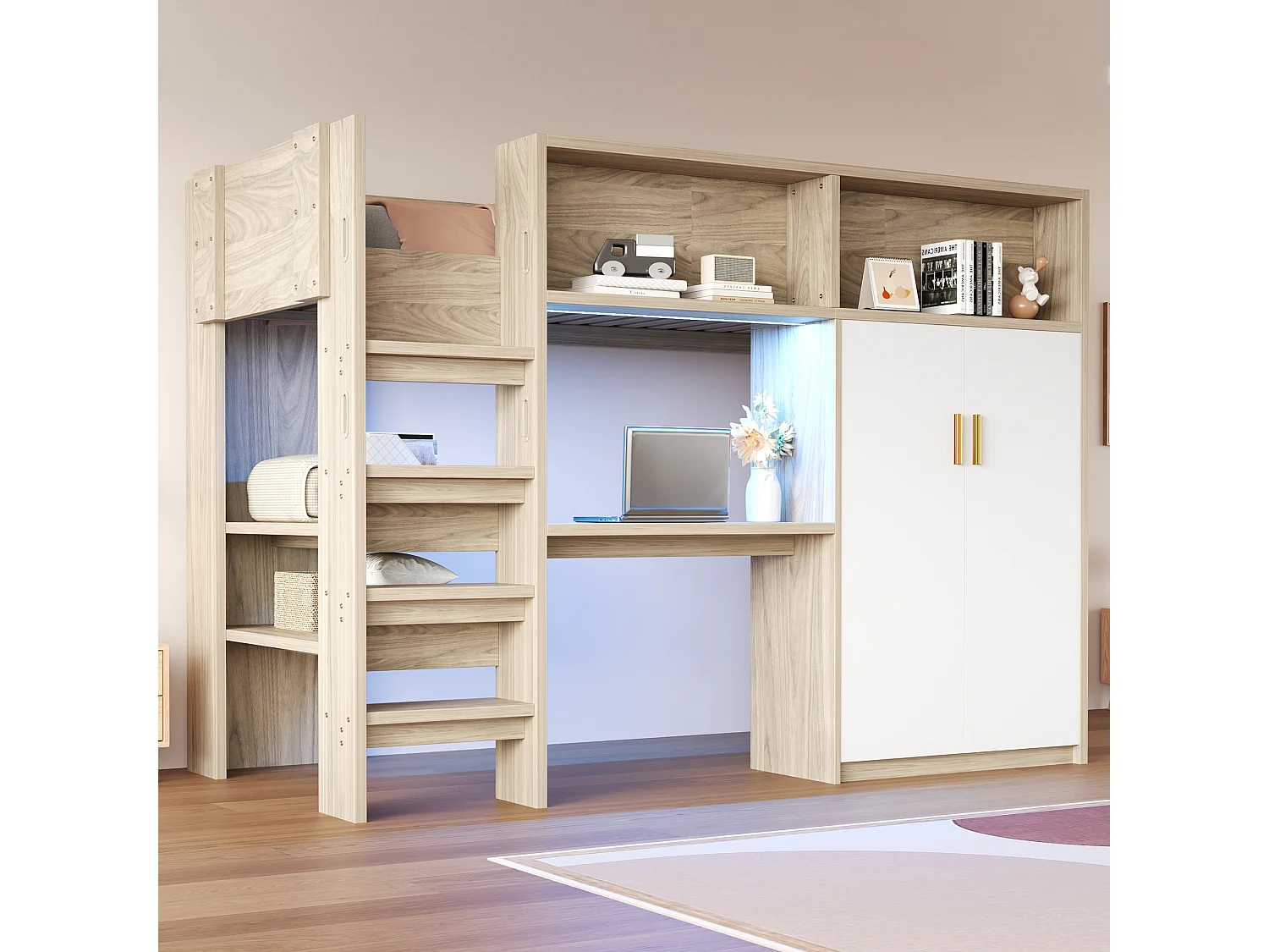 Lit mezzanine enfant - 90 x 200 cm - avec bureau + armoire + rangements + Leds - MDF + aggloméré - naturel