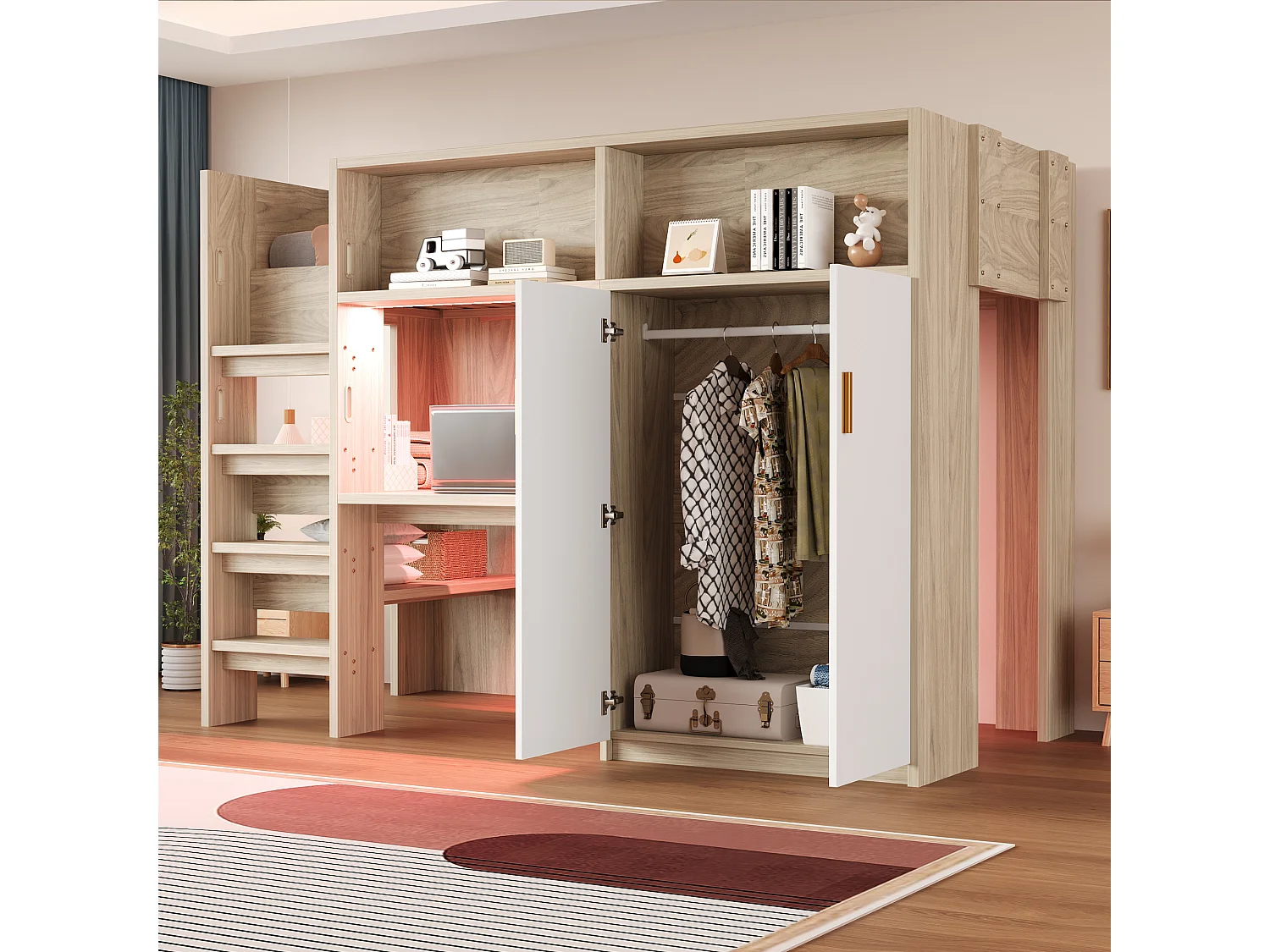 Lit mezzanine enfant - 90 x 200 cm - avec bureau + armoire + rangements + Leds - MDF + aggloméré - naturel