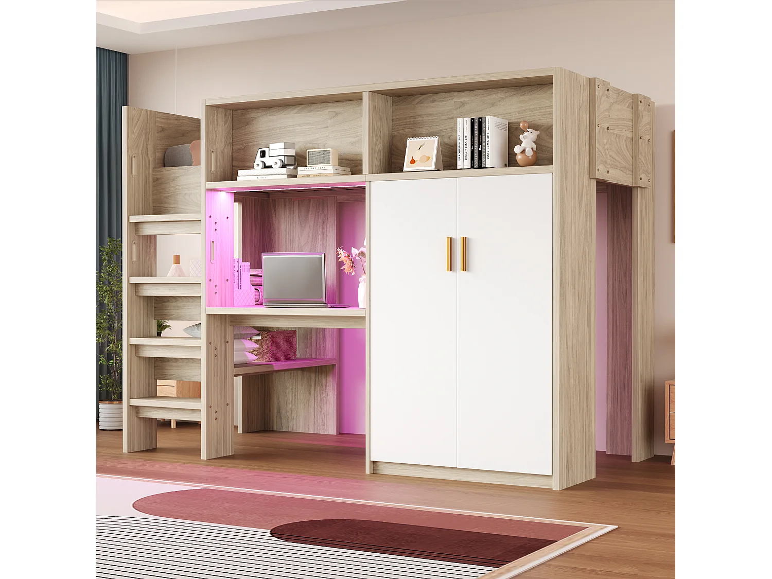 Lit mezzanine enfant - 90 x 200 cm - avec bureau + armoire + rangements + Leds - MDF + aggloméré - naturel