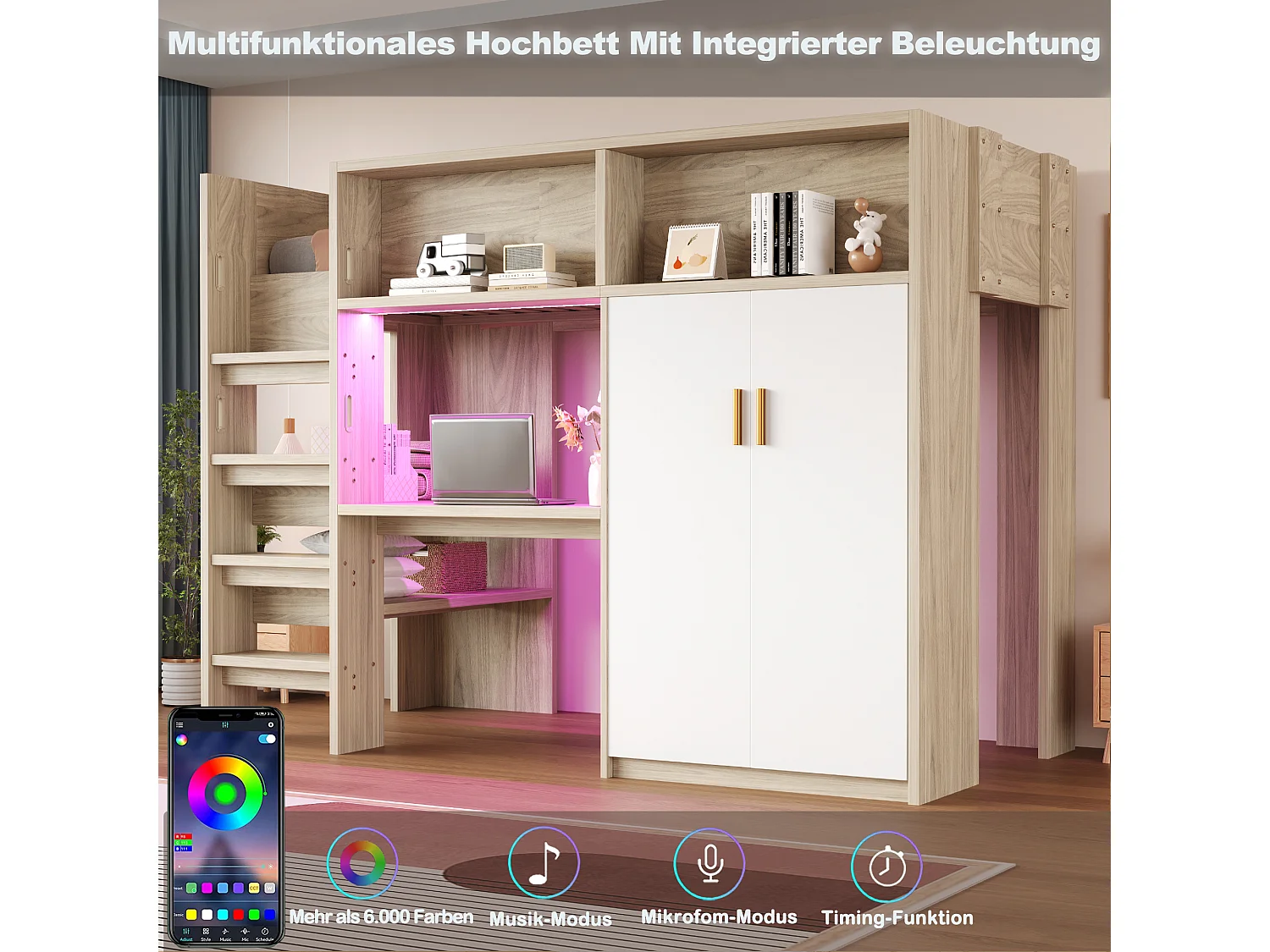 Lit mezzanine enfant - 90 x 200 cm - avec bureau + armoire + rangements + Leds - MDF + aggloméré - naturel